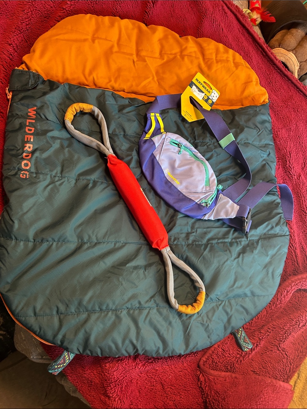 Wilderdog Dog Sleeping Bag, RuffWear Home Trail Hip bag + Pacific Loop Dog Toy